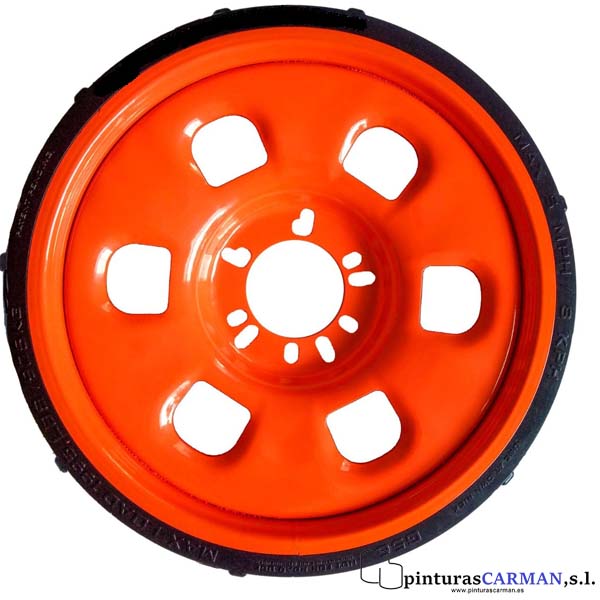 una llanta universal guni wheel de color naranja para mover coches en el taller